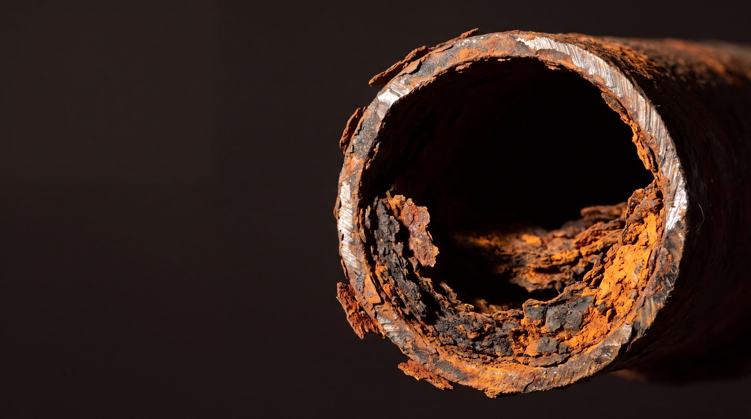 A cast iron drain line cut open, the bore closed down by rust and scale