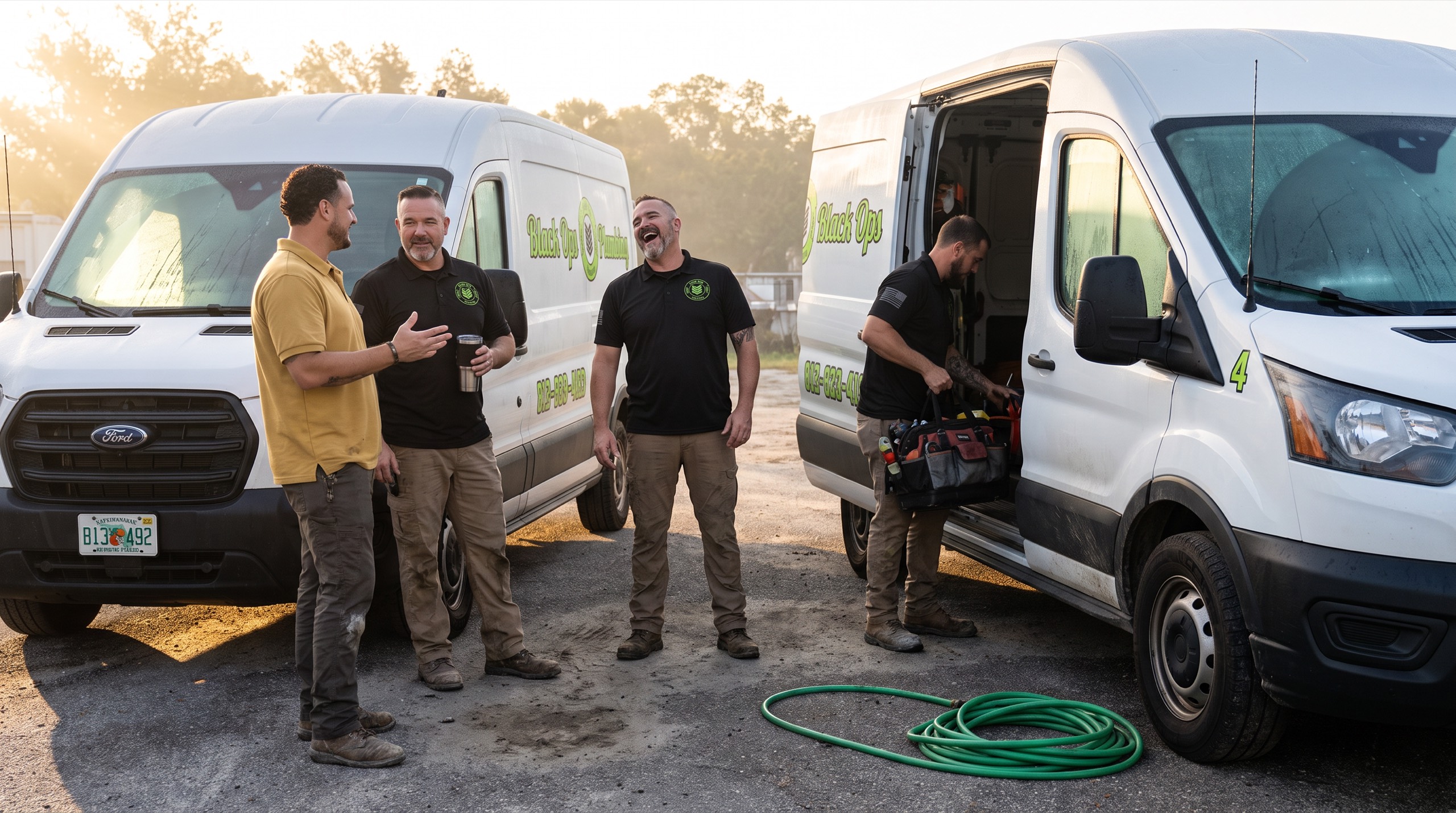 Four Black Ops plumbers talking and laughing between two company vans at the shop in early morning light, one loading a tool bag
