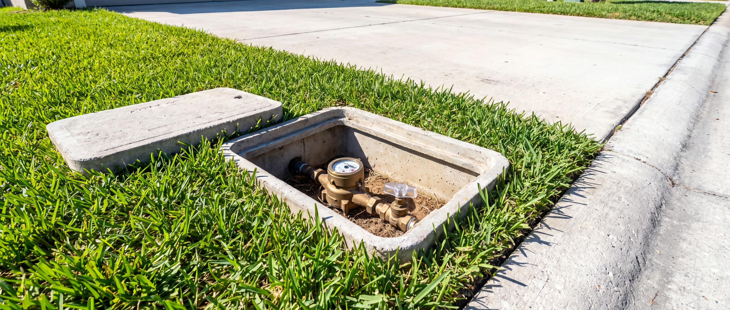 A water meter box at the curb in daylight, lid off, with the shut-off valve visible