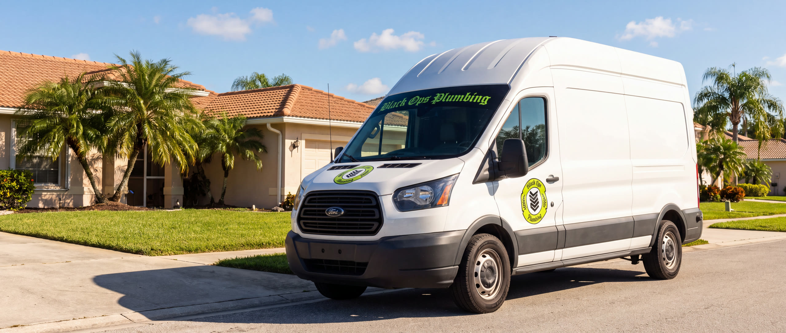 A white Black Ops van parked in the sunny driveway of a Florida home