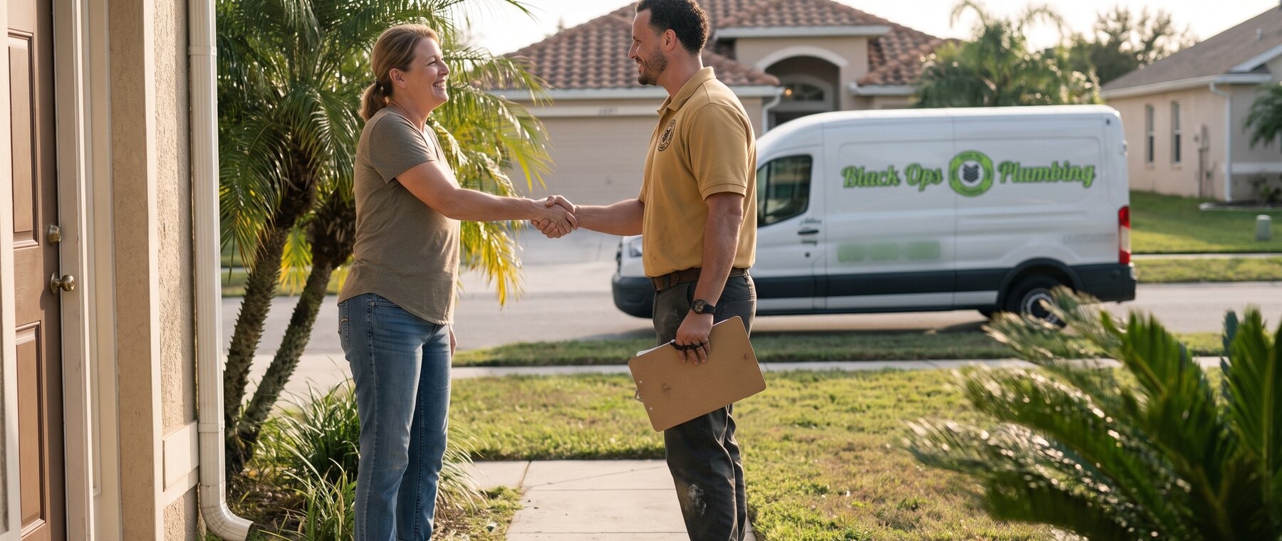 A Black Ops technician meeting a customer at the door