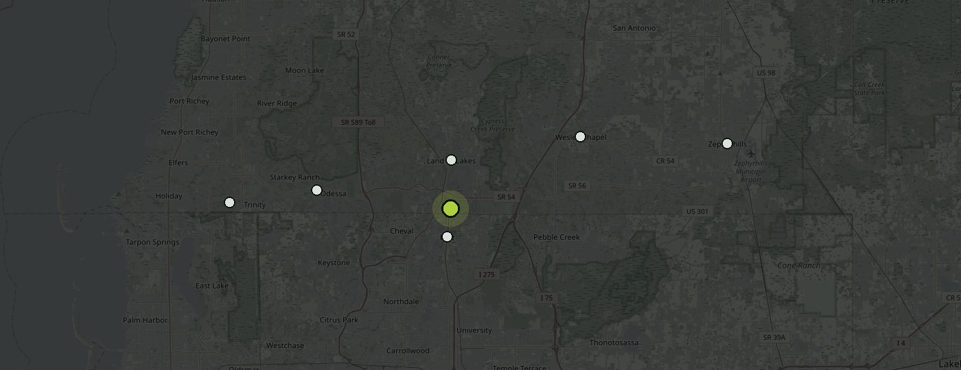 Map of the Pasco corridor with the Black Ops Plumbing shop in Lutz marked in green and Lutz, Wesley Chapel, Land O' Lakes, Odessa, Zephyrhills and Trinity marked in white around it